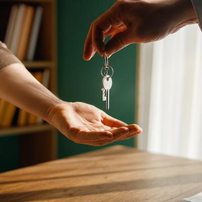 A new homeowner receives keys from real estate agent.
