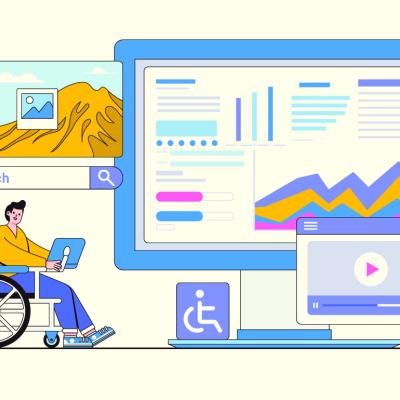 A concept illustration of a person using assistive technology as part of digital accessibility and inclusivity.