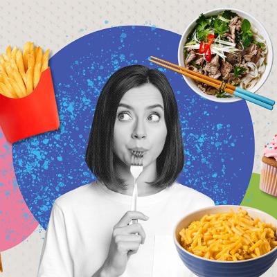 A custom collage of a woman illustrated with different types of comfort food.