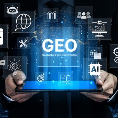 A digital marketing concept featuring GEO strategy for content optimization and AI search engines.