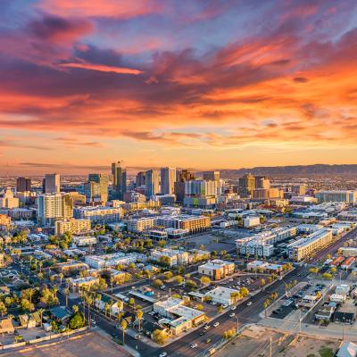 An aerial view of Phoenix's downtown skyline in Arizona during sunset.