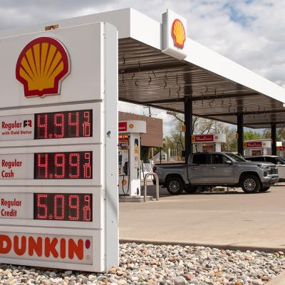 Shell gas station showing rising prices up to $5 per gallon in Birmingham, Michigan (April 30, 2026).