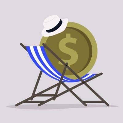 A vacation budget concept illustration of a dollar coin sitting on a beach chair.