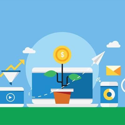 Lead nurturing concept illustrated by icons symbolizing sales leads like a funnel, conversion and a flowering plant with a dollar sign representing sales.