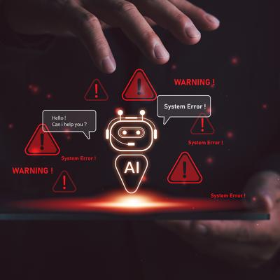 AI chatbot graphic error concept graphics illustrated over a businessman using a work tablet.
