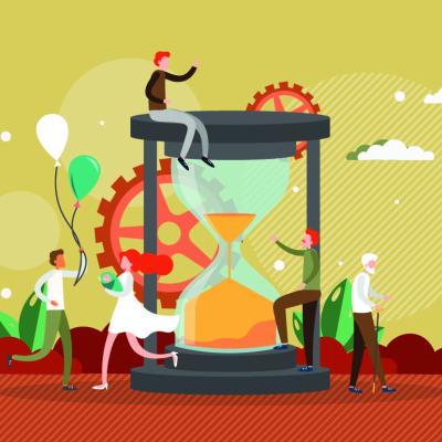 A vector illustration of humans of different ages surrounding an hourglass timer as a concept of aging.
