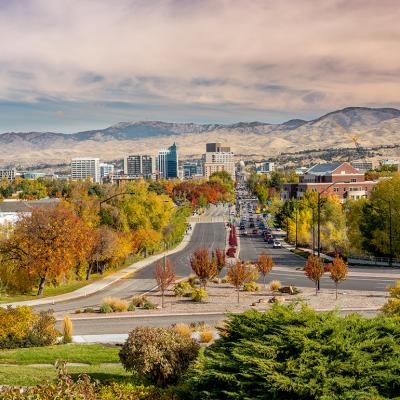 A view of the Boise, Idaho capital roads and trees during the fall season.
