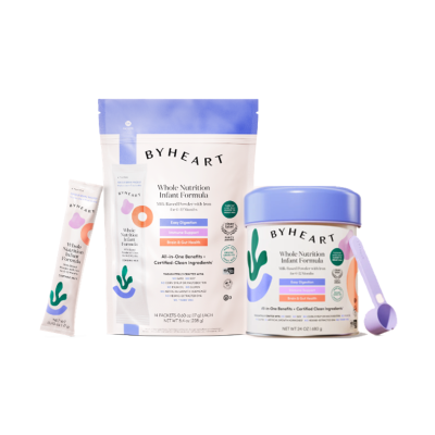 An assortment of ByHeart infant formula products.