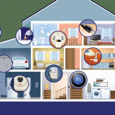 A custom illustration of the parts of a home, focused on the key items to prepare and keep safe before a trip.