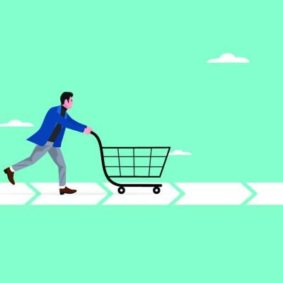 A vector illustration of a customer running a straight dash line with a grocery cart as a concept of customer journey.