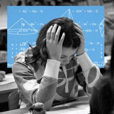 A student appearing to be overwhelmed by mathematical equations overlaid in the photo.