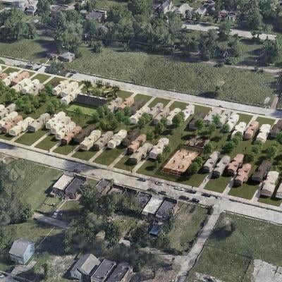 An image of North St. Louis, taken from Google Earth, showing how vacant land can be repurposed using precast concrete homes.
