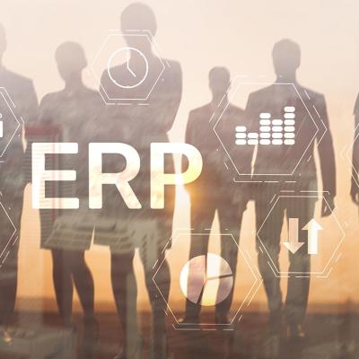 Silhouette of a business group illustrated with ERP graphics as a concept of business automation.