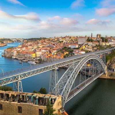 An aerial view of the Luís I Bridge in Porto, Portugal.