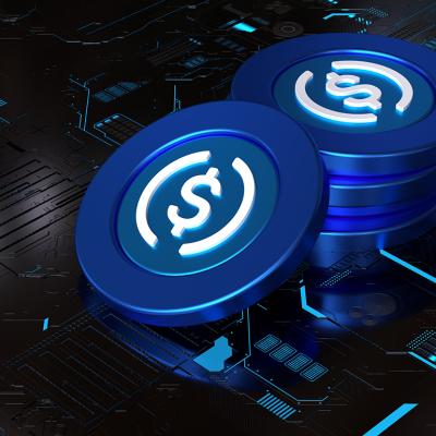 A 3D rendering of a stack of stablecoins on top of a computer circuit system.