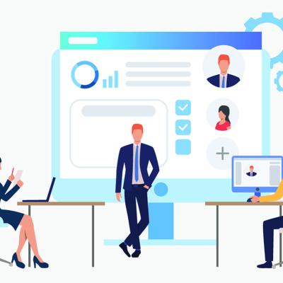 An illustration of a modern employment concept with hiring officers and job candidates.