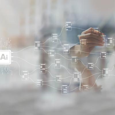 A wide banner of AI and network graphic as a concept of advanced data integration.