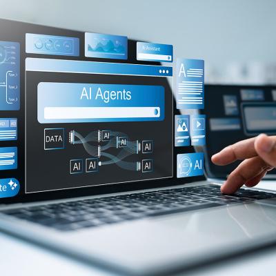 An AI agents software supporting tasks and workflows displayed from a laptop screen.