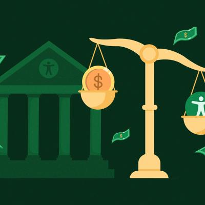A custom illustration of a bank and a scale showing the concept of economic stability or balancing wealth.