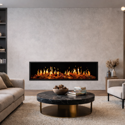 A modern living room space with a built-in linear electric fireplace.