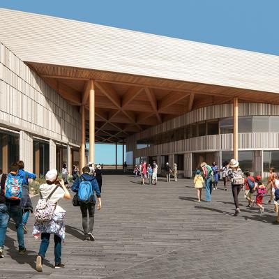 An architectural rendering of the museum's breezeway.
