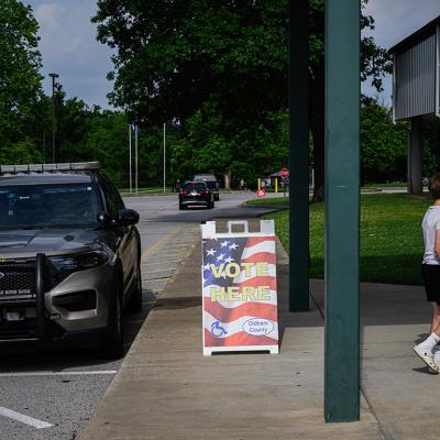 People heading to a polling place South Oldham Middle School in Crestwood, Kentucky, USA.