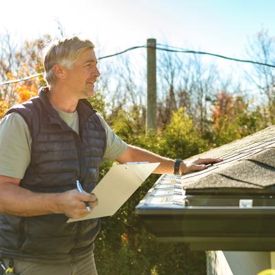 A roofing professional inspects a home's roof.