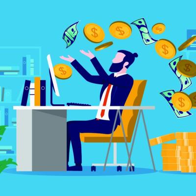 A vector illustration of a businessman getting paid working from home.