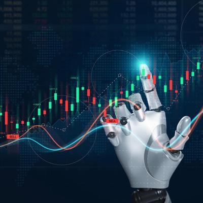 An artificial intelligence (AI) tool analyzing a stock market through a smart robot automation technology.