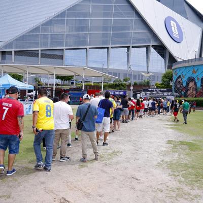 Attendees queueing for the fan mart at the 2026 FIFA World Cup Trophy Tour in Atlanta, Georgia, USA.