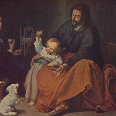 An oil painting on canvas of the La Sagrada Familia (The Holy Family with a Little Bird) by the Spanish Baroque painter Bartolomé Esteban Murillo.