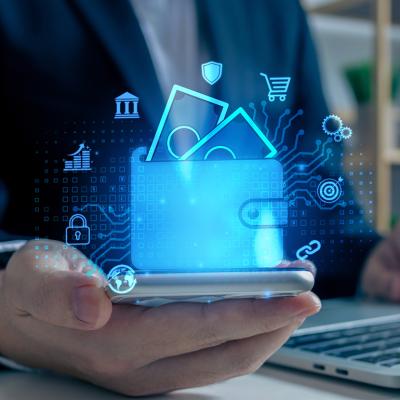Digital wallet graphics over a businessman using a phone as a concept of digital banking.