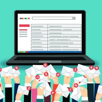 A vector illustration of many hands holding messages in envelopes, trying to reach a business' inbox.