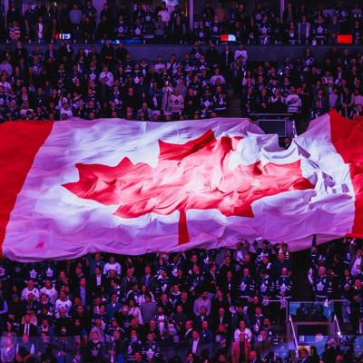 A Canadian flag laid out in the audience during the Canadian national anthem before the Eastern Conference Playoffs' Game 2 at Scotiabank Arena in Toronto, Ontario, Canada.