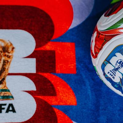 The World Cup 2026 branding for USA, Mexico, and Canada and the Adidas Trionda ball both in a FIFA-themed background.
