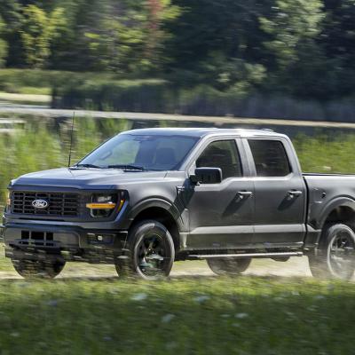 A black Ford F-150 pickup truck on the road.