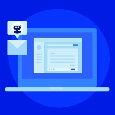 A vector illustration of an artificial intelligence (AI) generator tool creating content for a business marketing campaign.