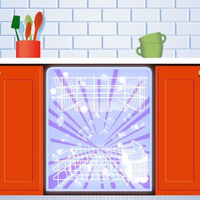 An illustration of a dishwasher compartment installed with cabinets, tiled backsplash, and countertop with kitchen tools.