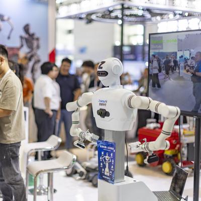 An exhibitor for AI and robot manufacturing during the 2026 World Intelligent Industry Expo in Tianjin, China.
