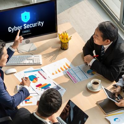 A group of business executives discussing cybersecurity as seen from a monitor.