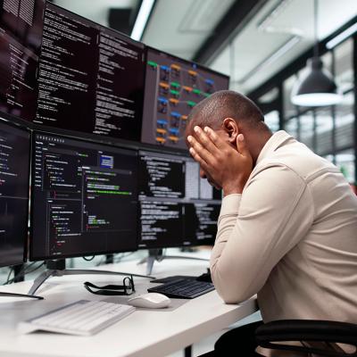 A stressed programmer at work facing multiple monitors.