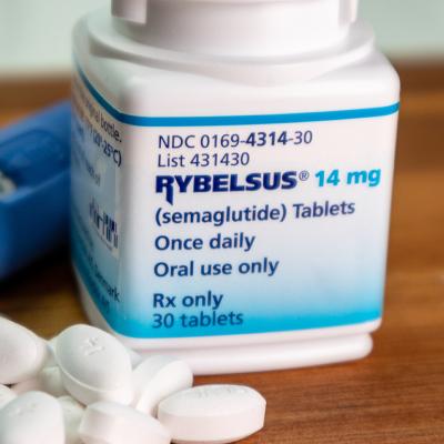 A bottle of Rybelsus Semaglutide tablets.