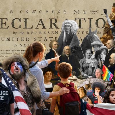 A digital collage artwork featuring the United States Declaration of Independence with overlapped cutout images of famous American history figures, peoples, and symbols.