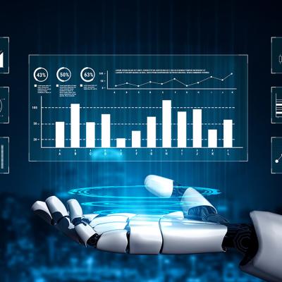 An AI interface showing financial analysis charts and stock market reporting utilized by an AI robot.
