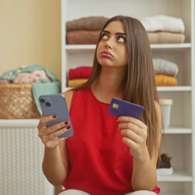 A young adult appearing to be frustrated while holding her smartphone and credit card in a dressing room.