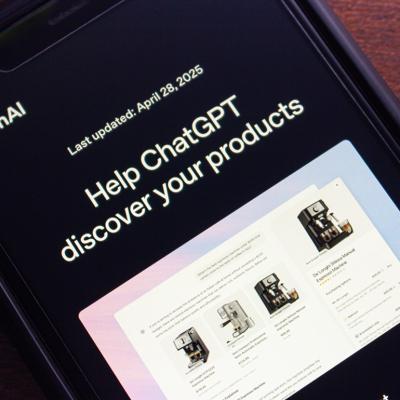 Close-up of a smartphone screen showing OpenAI's website with the ‘Help ChatGPT discover your products’ page.