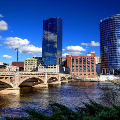 A view of Downtown Grand Rapids skyline and Grand River in Michigan, USA.