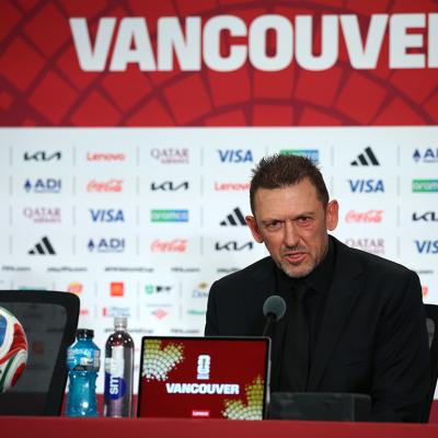 Australian head coach Tony Popovic speaking to the media in a post match press conference after the Australia-Türkiye Group D match at the FIFA World Cup 2026 in Vancouver, British Columbia, Canada.