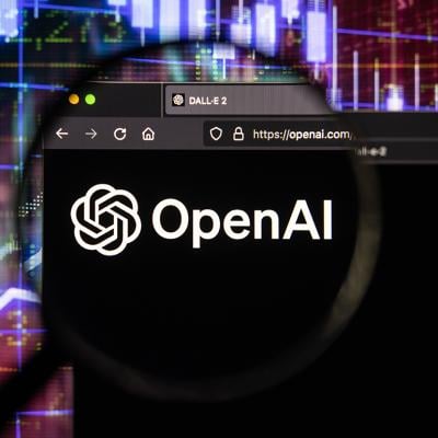 A magnifying glass over an OpenAI logo on an open browser.