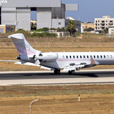 Kylie Jenner's Bombardier Global 7500 private plane on an airport runway.